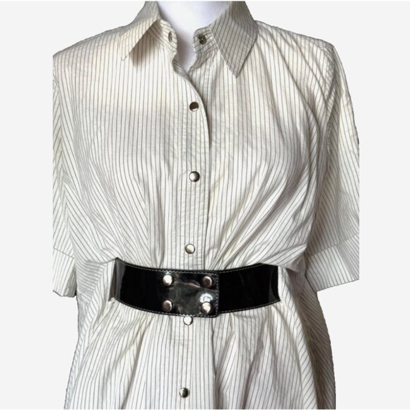 Corey Lynn Calter Women’s Ivory & Black Pinstripe Belted Shirt Dress Size 4 - Picture 2 of 7